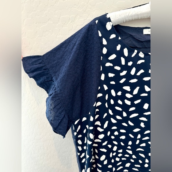 Umgee Navy Dalmatian Print Mixed Media Top - Picture 3 of 6